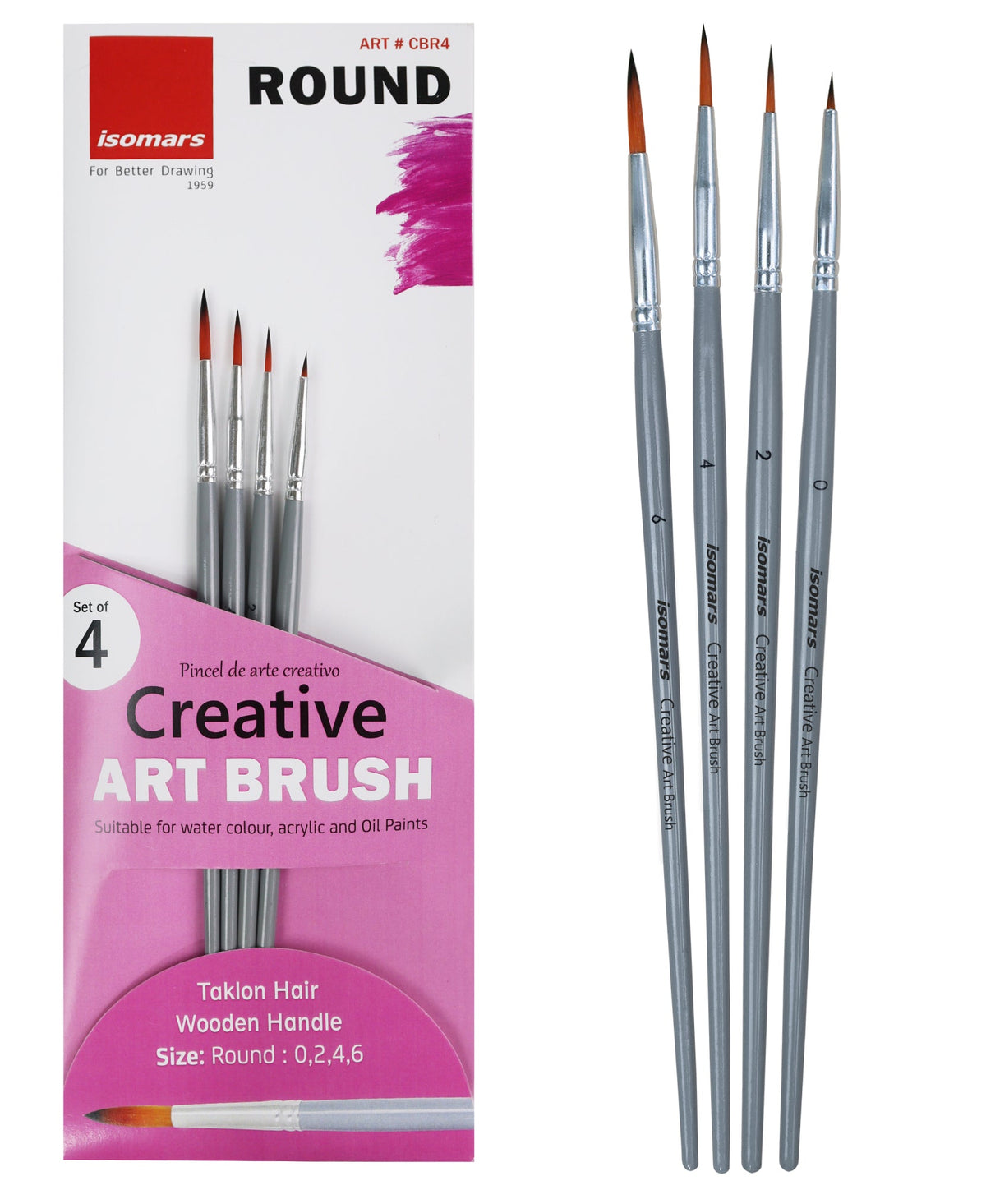 Isomars Round Paint Brush Set of 4 - Taklon Hair, Sizes 0, 2, 4, 6 - Isomars