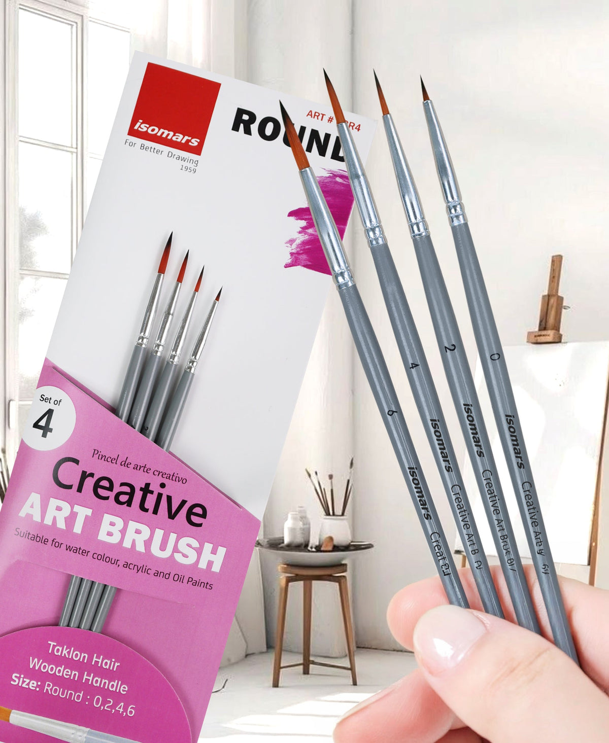 Isomars Round Paint Brush Set of 4 - Taklon Hair, Sizes 0, 2, 4, 6 - Isomars