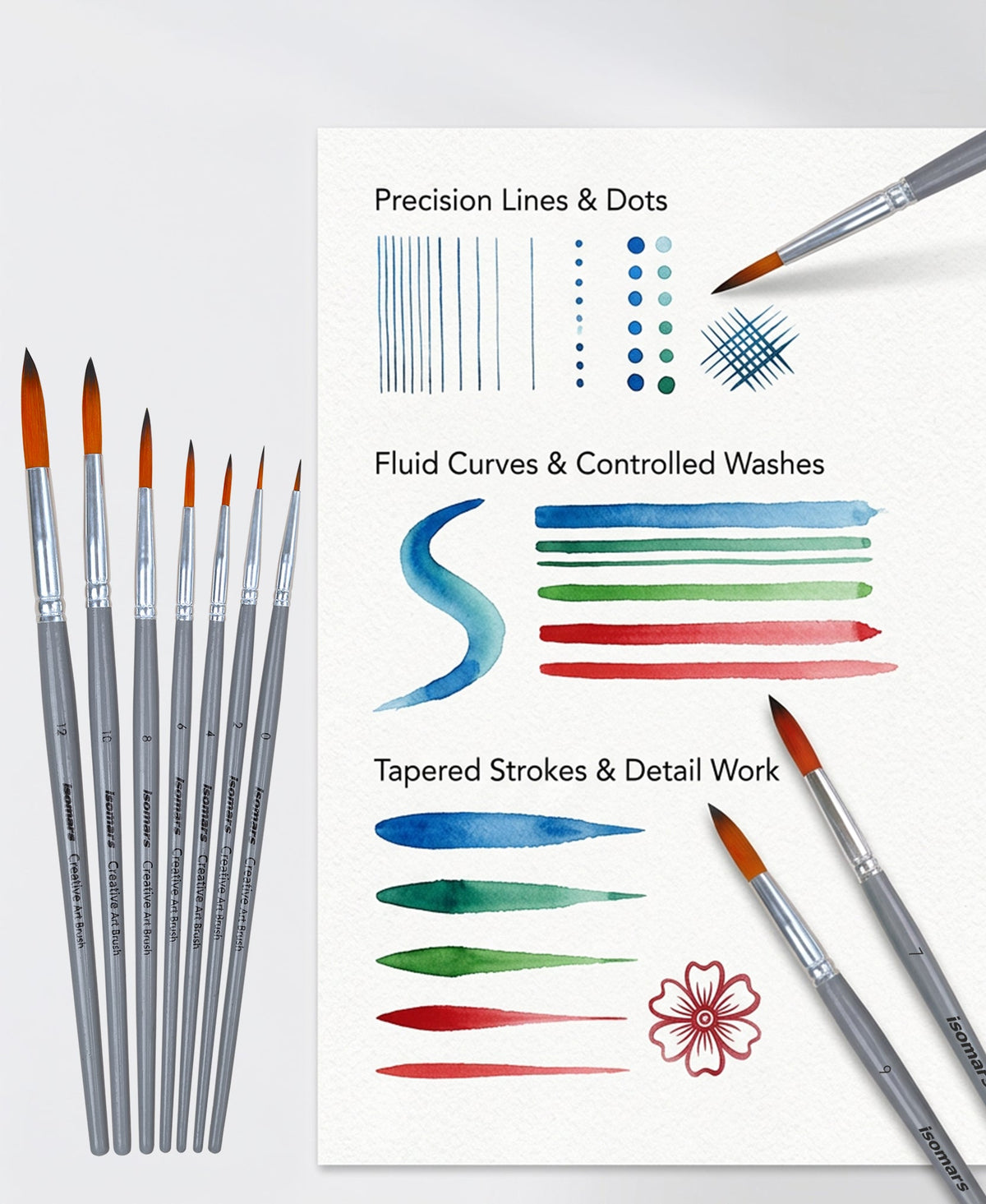 Isomars Round Paint Brush Set of 7 - Taklon Hair, Sizes 0 to 12 - Isomars