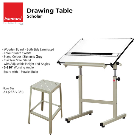 Scholar A1 Drafting Table with Parallel Scale & Metal Stool