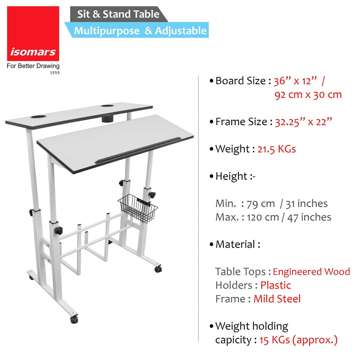 Isomars Sit/Stand Multipurpose Adjustable Table Professional Computer Workstation Extra Long Table top Dedicated Space for CPU Comes with Wheels & Floor Adjusters(36" X 12"/92cm X 30CM Wide White) - Isomars