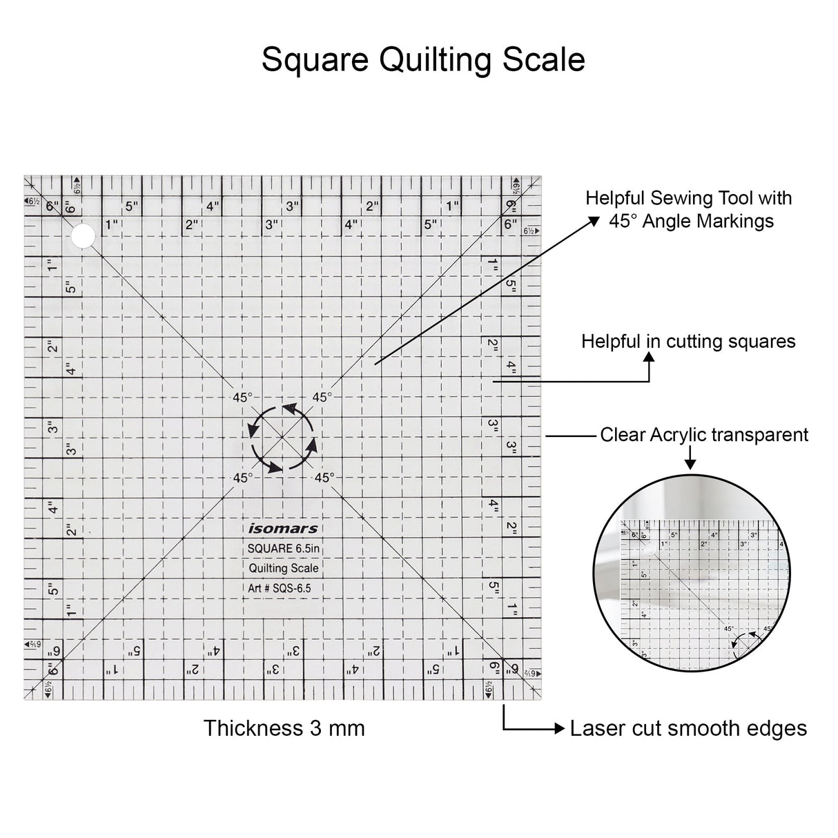 Isomars Square Quilting Ruler 6.5" x 6.5" for Fabric Cutting - Isomars