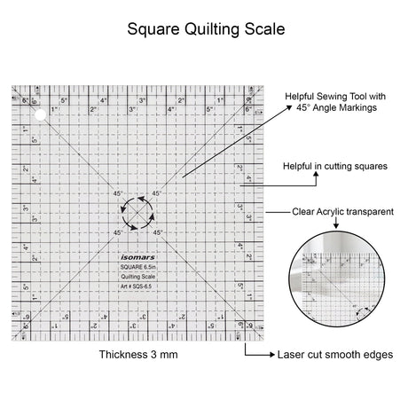 Isomars Square Quilting Ruler 6.5" x 6.5" for Fabric Cutting - Isomars