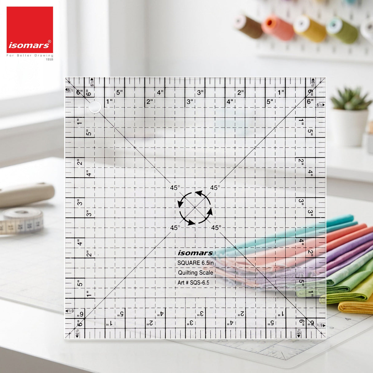 Isomars Square Quilting Ruler 6.5" x 6.5" for Fabric Cutting - Isomars