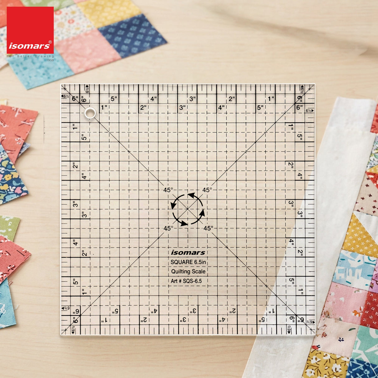 Isomars Square Quilting Ruler 6.5" x 6.5" for Fabric Cutting - Isomars