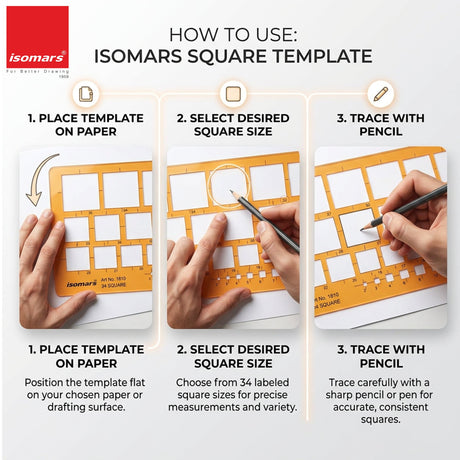 Isomars Square Template Drawing Stencil | Precision Geometric Square Drafting Template with 34 Square Sizes | Technical Drawing Tool for Architects, Engineers, Designers, Artists & Students - Isomars