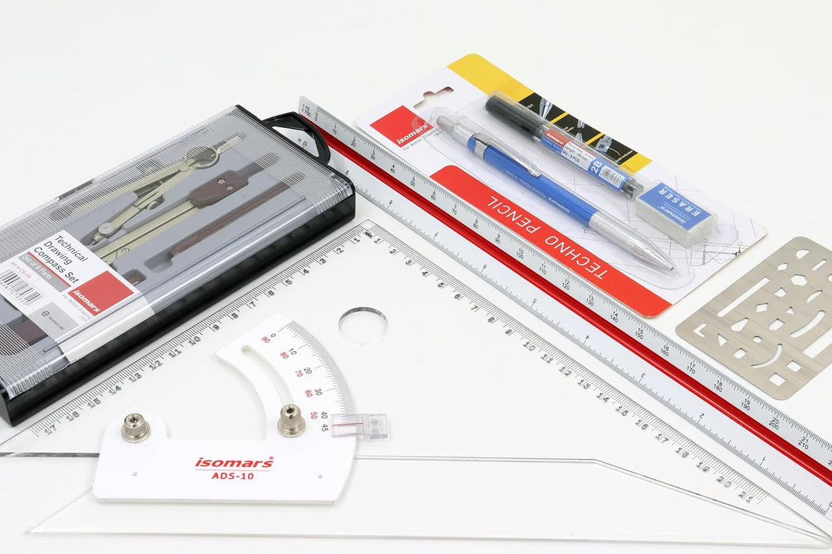 Isomars Student Drafting Kit – 5-Piece Engineering Drawing Set with Compass, Scale, Set Squares, Protractor & Protective Carry Pouch – Ideal for Architecture & Engineering Students - Model F - Isomars