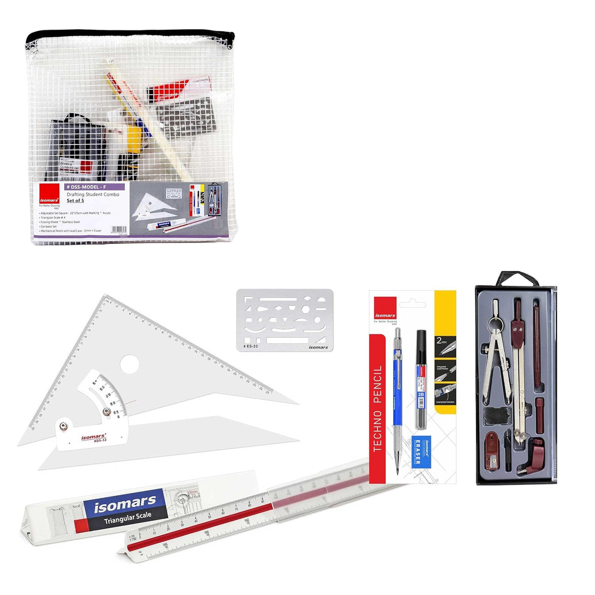 Isomars Student Drafting Kit – 5-Piece Engineering Drawing Set with Compass, Scale, Set Squares, Protractor & Protective Carry Pouch – Ideal for Architecture & Engineering Students - Model F - Isomars