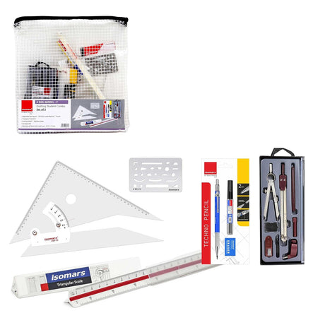 Isomars Student Drafting Kit – 5-Piece Engineering Drawing Set with Compass, Scale, Set Squares, Protractor & Protective Carry Pouch – Ideal for Architecture & Engineering Students - Model F - Isomars