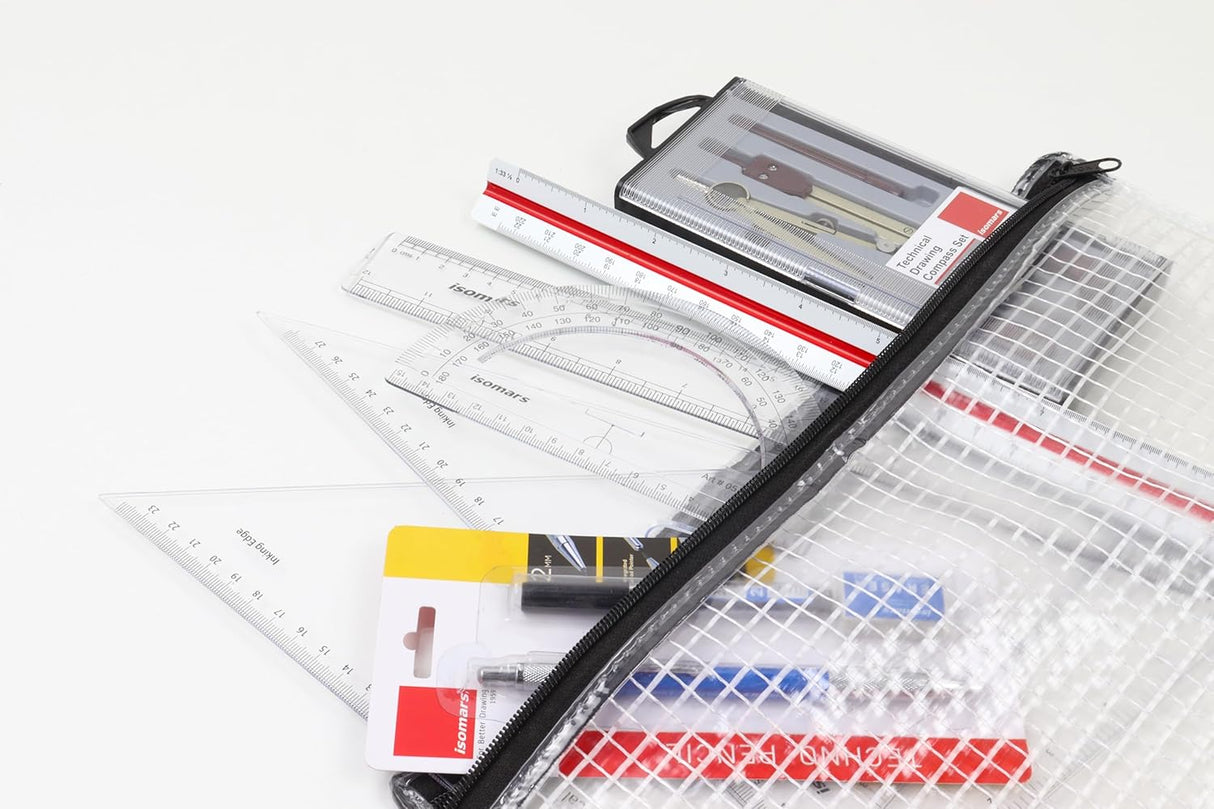 Isomars Student Drafting Kit – 7-Piece Engineering Drawing Set with Compass, Scale, Set Squares, Protractor & Protective Carry Pouch – Ideal for Architecture & Engineering Students - Isomars