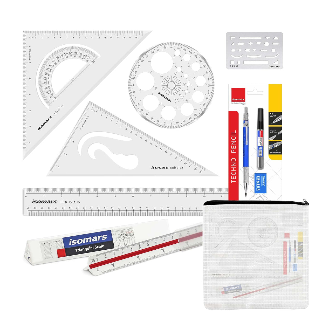 Isomars Student Drafting Kit – 7-Piece Engineering Drawing Set with Compass, Scale, Set Squares, Protractor & Protective Carry Pouch – Ideal for Architecture & Engineering Students - Isomars