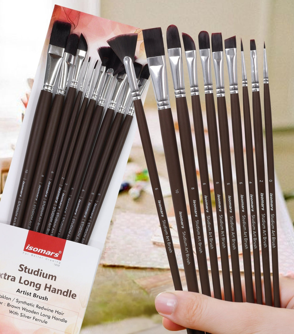 Isomars Studium Extra Long Handle Artist Paint Brush Set of 10 for Acrylic, Oil & Mixed Media Painting - Isomars