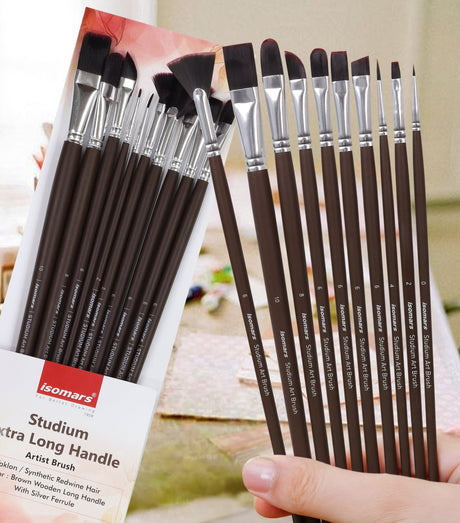 Isomars Studium Extra Long Handle Artist Paint Brush Set of 10 for Acrylic, Oil & Mixed Media Painting - Isomars