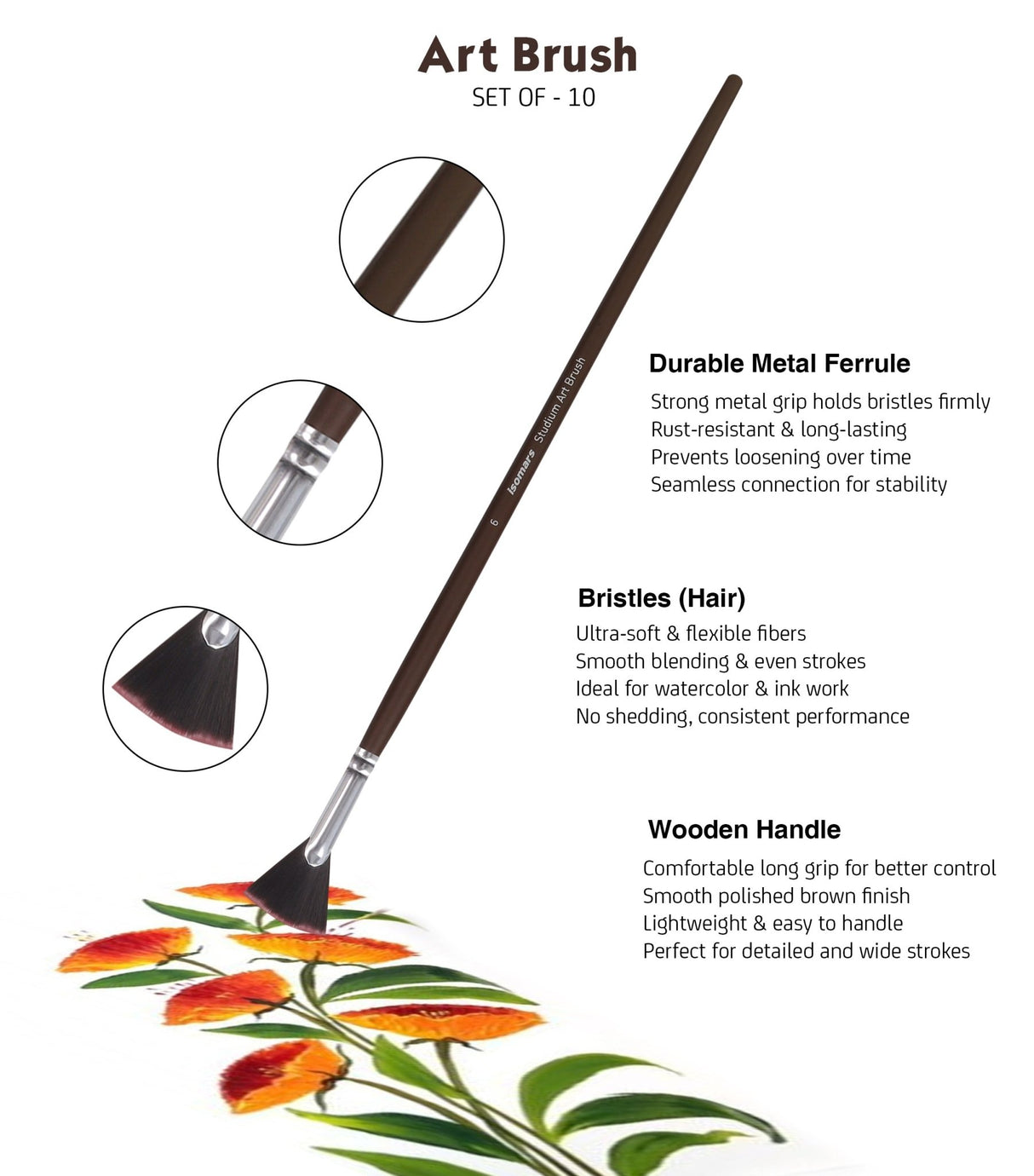 Isomars Studium Extra Long Handle Artist Paint Brush Set of 10 for Acrylic, Oil & Mixed Media Painting - Isomars