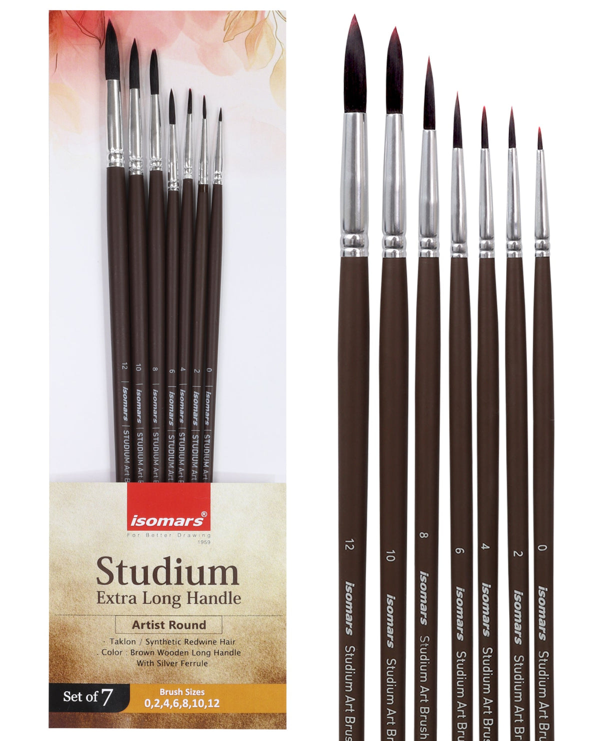 Isomars Studium Extra Long Handle Round Paint Brush Set of 7 for Acrylic, Watercolor & Oil Painting - Isomars