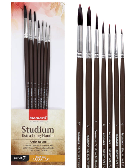 Isomars Studium Extra Long Handle Round Paint Brush Set of 7 for Acrylic, Watercolor & Oil Painting - Isomars