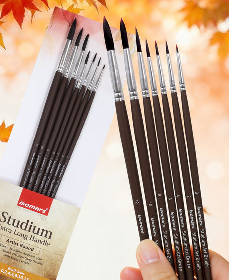 Isomars Studium Extra Long Handle Round Paint Brush Set of 7 for Acrylic, Watercolor & Oil Painting - Isomars