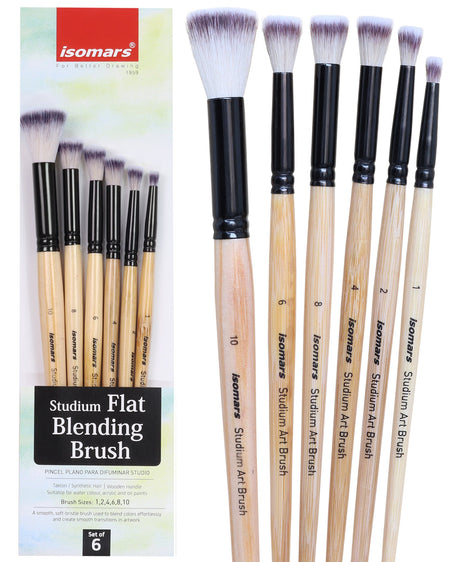 Isomars Studium Flat Blending Brush Set of 6 for Artists – Professional Paint Brushes for Blending & Smooth Transitions – Ideal for Watercolor, Acrylic & Oil Painting – Sizes 1, 2, 4, 6, 8, 10 - Isomars