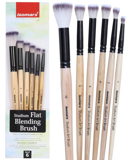 Isomars Studium Flat Blending Brush Set of 6 for Artists – Professional Paint Brushes for Blending & Smooth Transitions – Ideal for Watercolor, Acrylic & Oil Painting – Sizes 1, 2, 4, 6, 8, 10 - Isomars