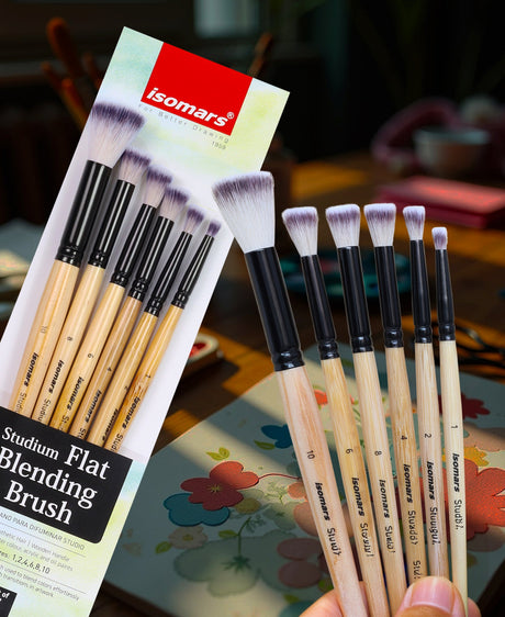 Isomars Studium Flat Blending Brush Set of 6 for Artists – Professional Paint Brushes for Blending & Smooth Transitions – Ideal for Watercolor, Acrylic & Oil Painting – Sizes 1, 2, 4, 6, 8, 10 - Isomars