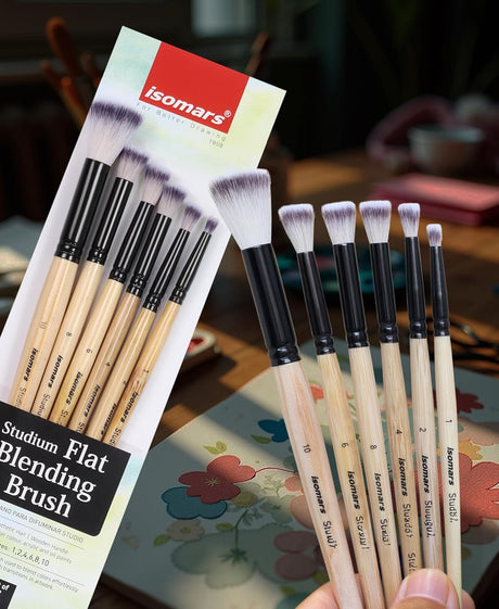Isomars Studium Flat Blending Brush Set of 6 for Artists – Professional Paint Brushes for Blending & Smooth Transitions – Ideal for Watercolor, Acrylic & Oil Painting – Sizes 1, 2, 4, 6, 8, 10 - Isomars
