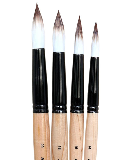 Isomars Studium Mop Brush Set of 4 - Professional Synthetic Hair Round Paint Brushes for Watercolor, Gouache, Acrylic, Ink & Oil Painting - Natural Wooden Handle Art Brushes (Sizes 14, 16, 18, 20) - Isomars