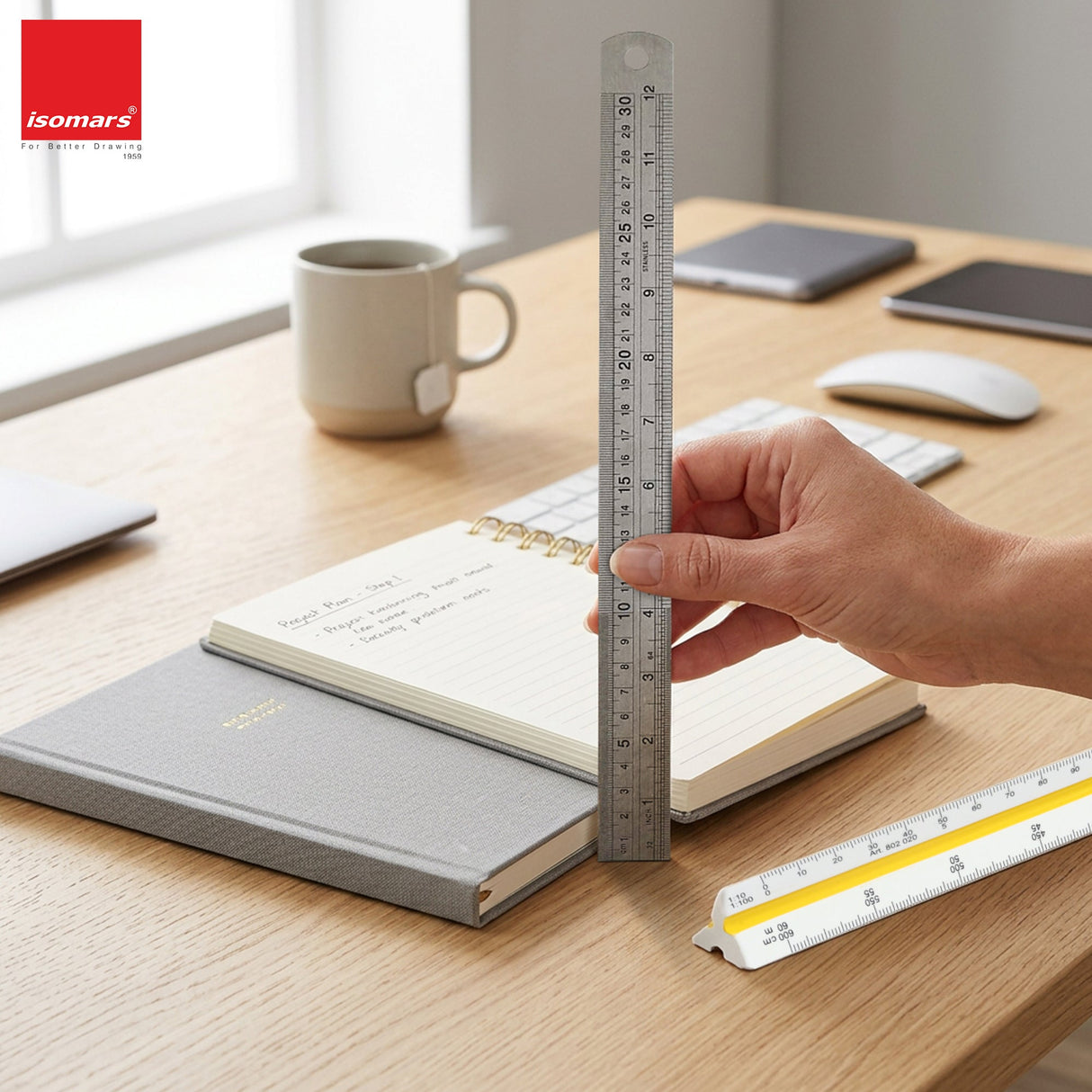 Isomars Triangular Scale 12 Inch with Stainless Steel Measuring Ruler 12 Inch Combo Set | Architect & Engineering Drafting Ruler | Multi-Scale Metric Drawing Tool for Students & Professionals - Isomars
