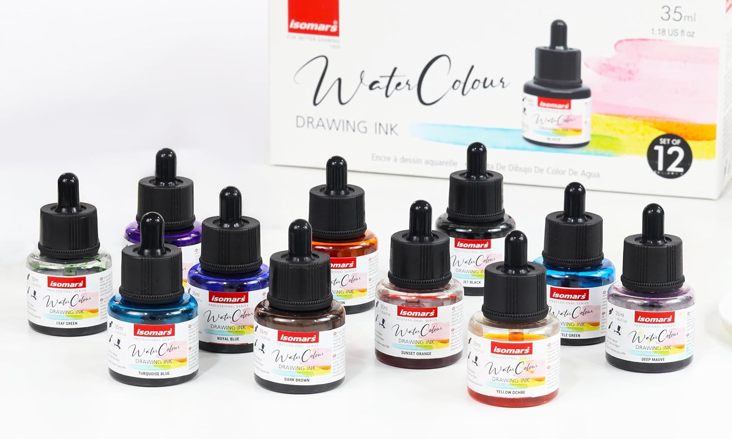 Isomars Water Color Ink Set of 12 Vibrant Professional Liquid Watercolors (35ml Bottles) with Droppers - Transparent Inks for Calligraphy, Illustration, Airbrushing & Painting - Isomars