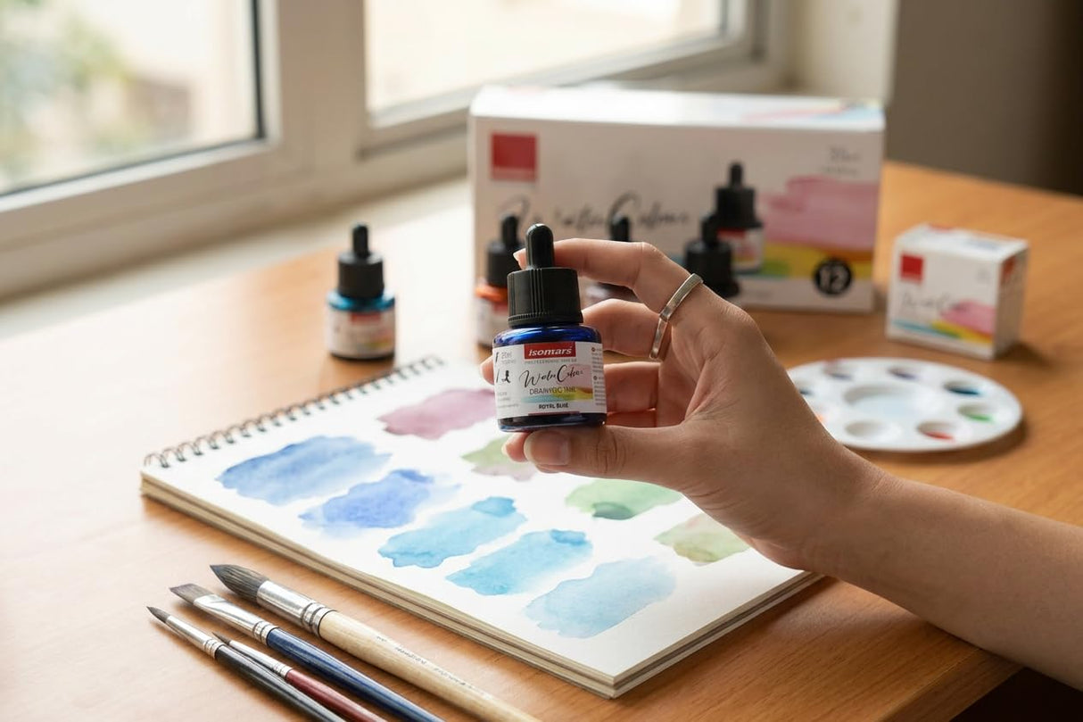 Isomars Water Color Ink Set of 12 Vibrant Professional Liquid Watercolors (35ml Bottles) with Droppers - Transparent Inks for Calligraphy, Illustration, Airbrushing & Painting - Isomars
