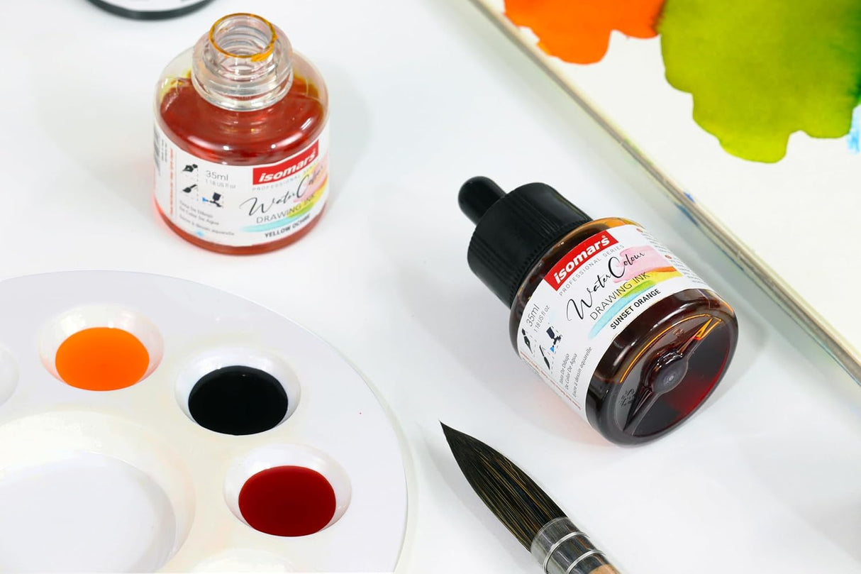 Isomars Water Color Ink Set of 12 Vibrant Professional Liquid Watercolors (35ml Bottles) with Droppers - Transparent Inks for Calligraphy, Illustration, Airbrushing & Painting - Isomars