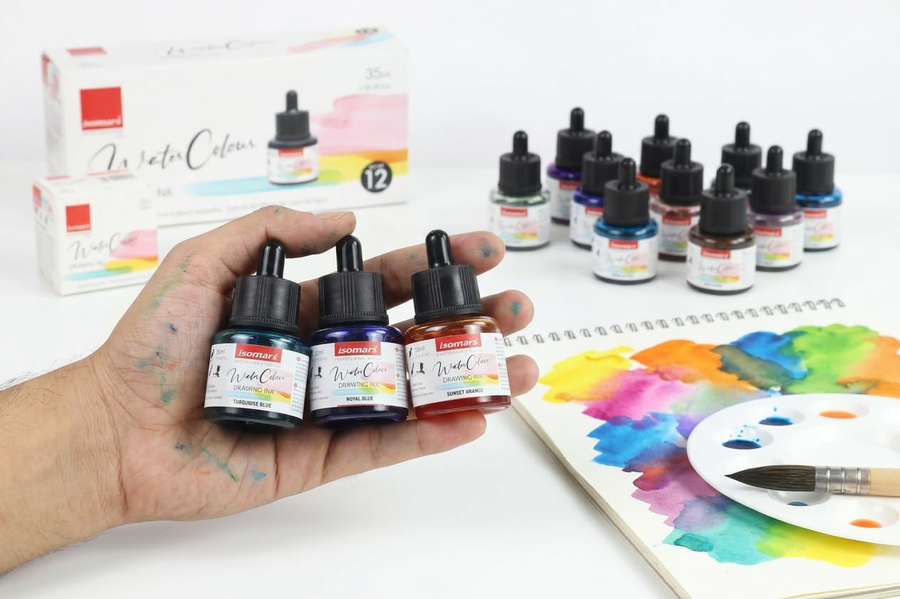 Isomars Water Color Ink Set of 12 Vibrant Professional Liquid Watercolors (35ml Bottles) with Droppers - Transparent Inks for Calligraphy, Illustration, Airbrushing & Painting - Isomars