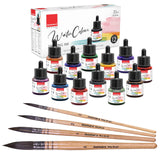 Isomars Watercolour Drawing Ink Set of 12 (35ml Each) with Mop Brush Set of 4 | Vibrant Liquid Watercolor Inks for Calligraphy, Illustration, Airbrush, Painting & Mixed Media Art - Isomars