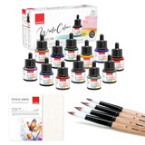 Isomars Watercolour Drawing Ink Set of 12 (35ml Each) with Mop Brush Set of 4 & Watercolor Postcards Set of 12 Sheets | Professional Liquid Watercolors for Painting, Calligraphy & Illustration - Isomars