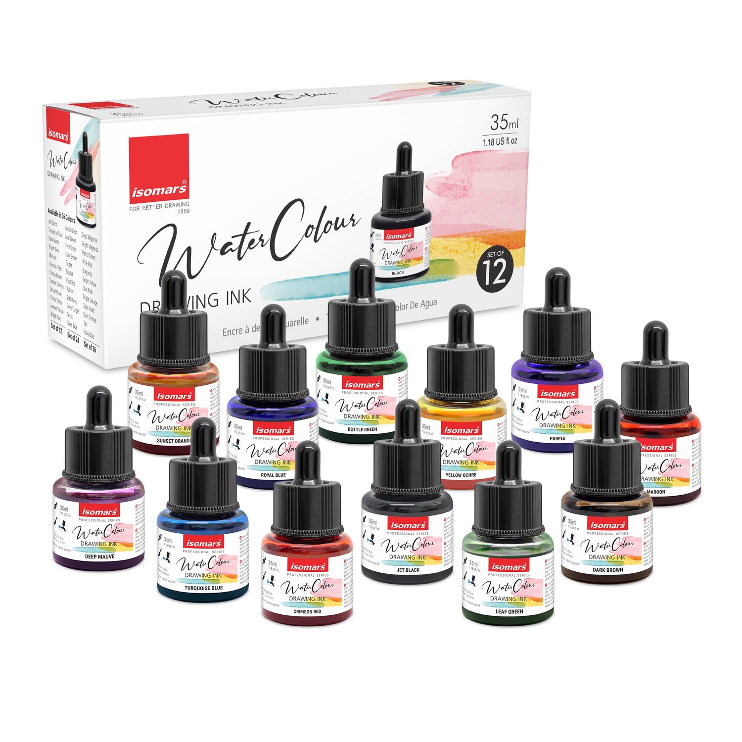 Isomars Watercolour Drawing Ink Set of 12 (35ml Each) with Mop Brush Set of 4 & Watercolor Postcards Set of 6 Sheets | Professional Liquid Watercolors for Painting, Calligraphy & Illustration - Isomars