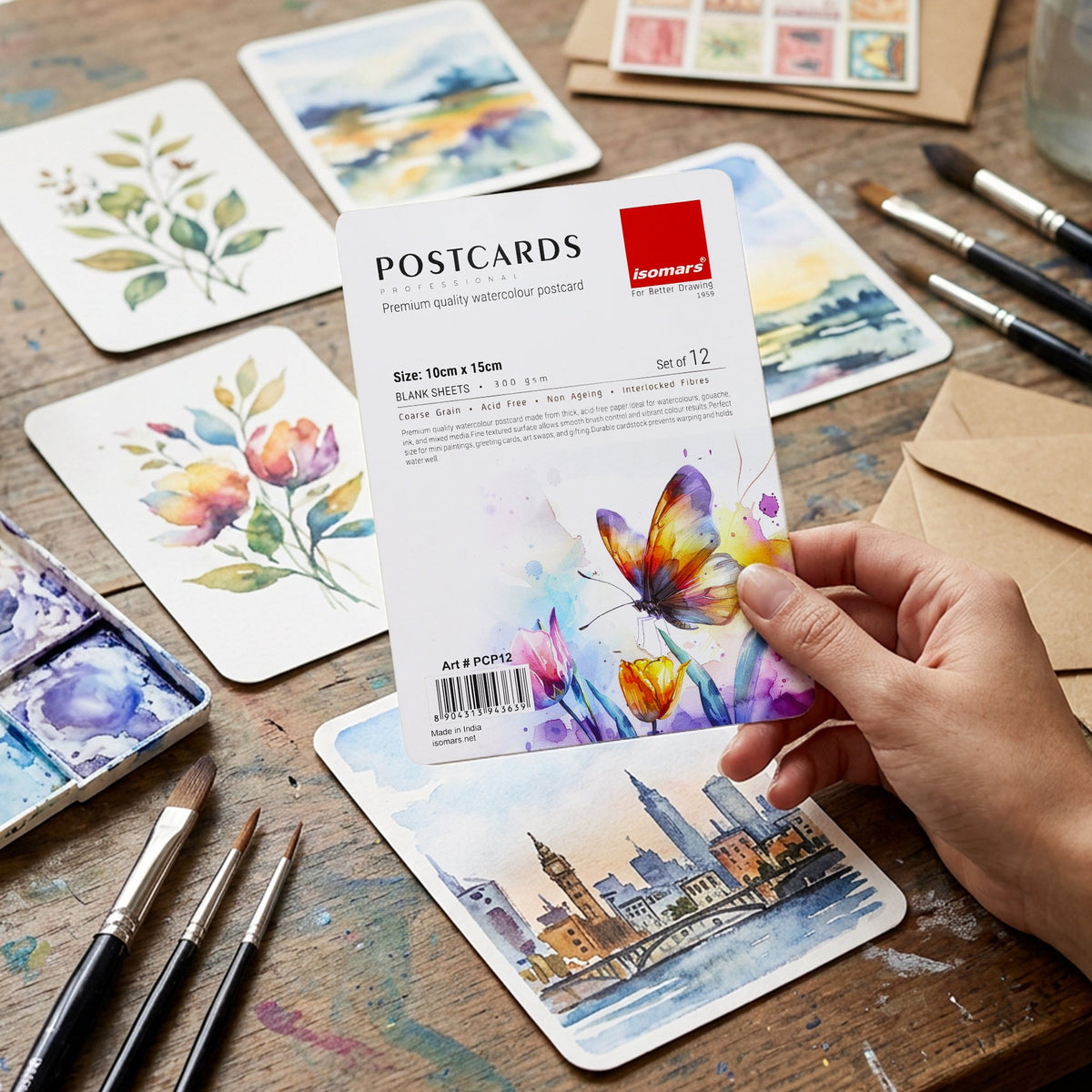Isomars Watercolour Postcards 10x15cm, 300 GSM, Pack of 12 - Isomars