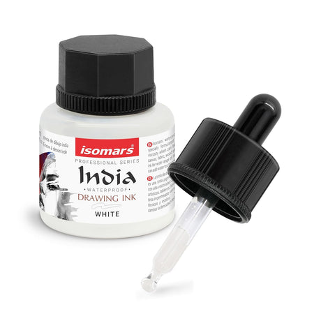 Isomars Waterproof Drawing Ink with Dropper 35ml | White India Ink for Calligraphy, Technical Drawing, Illustration & Art | Quick Dry, Fade Resistant, Permanent Pigmented Ink - Isomars