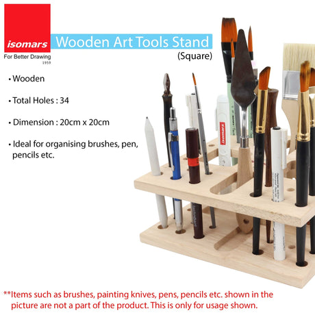 Isomars Wooden Art Tools Brush Stand - Square Brush Organiser for all kind of paint brush handles and other drawing instruments (WITHOUT BRUSHES) - Isomars
