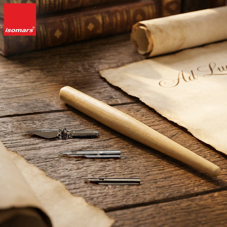 Isomars Wooden Calligraphy Pen Holder with English nib, mapping nib & flex nib for calligraphy, lettering, sketching and artistic writing - Isomars