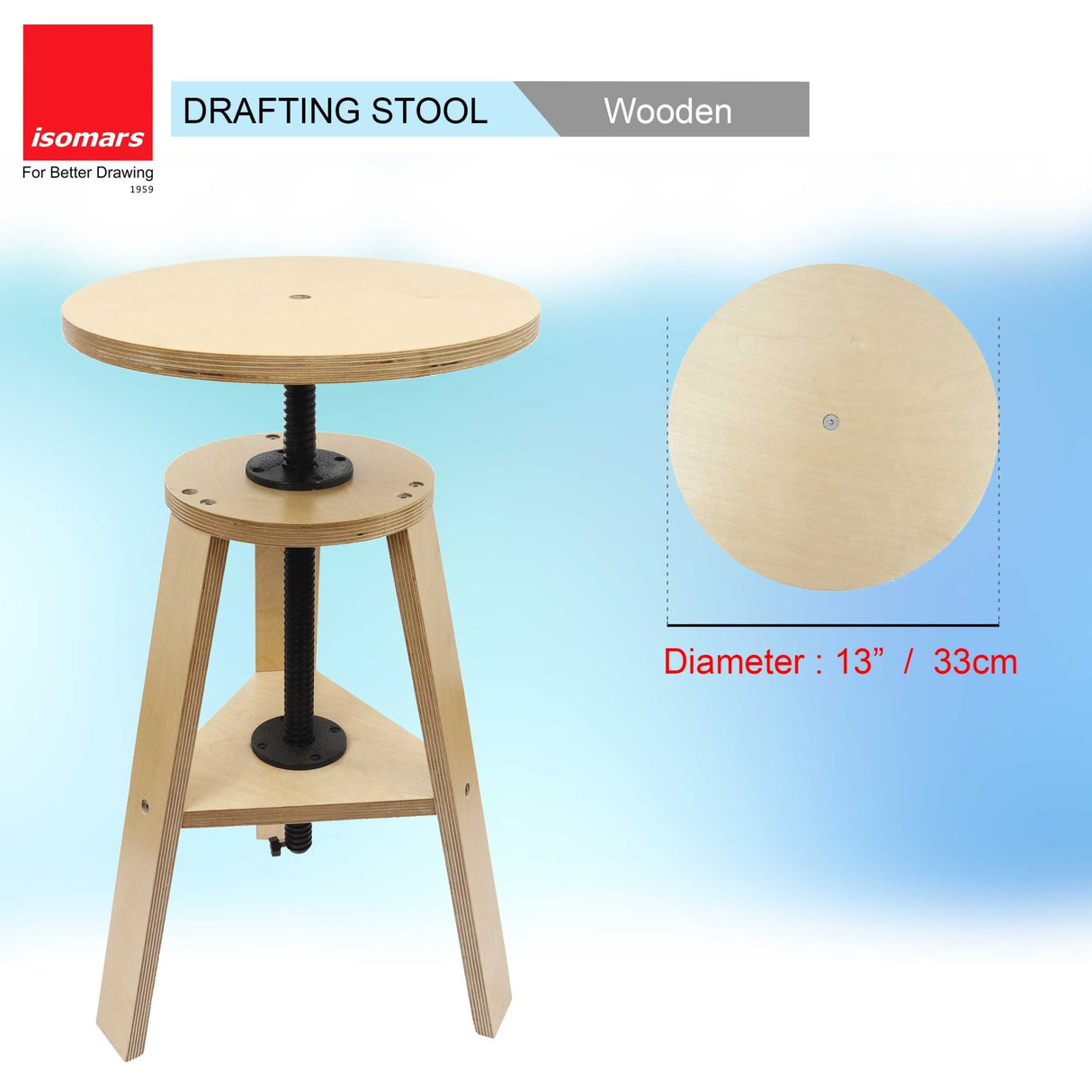 Isomars Wooden Drafting Stool, Height Adjustable 51-69 cm, Round Top with 33 cm Diameter, Artist Drawing Table Seat - Isomars