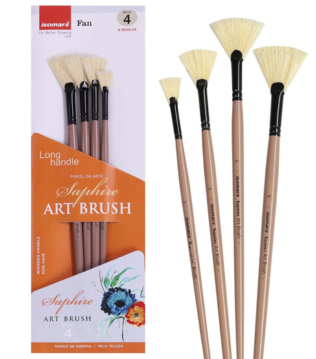 Saphire Fan Paint Brush Set of 4 | Professional Taklon Synthetic Long Handle Artist Brushes for Blending, Texture, Foliage & Cloud Effects | Acrylic, Watercolor, Oil, Gouache & Craft Painting - Isomars