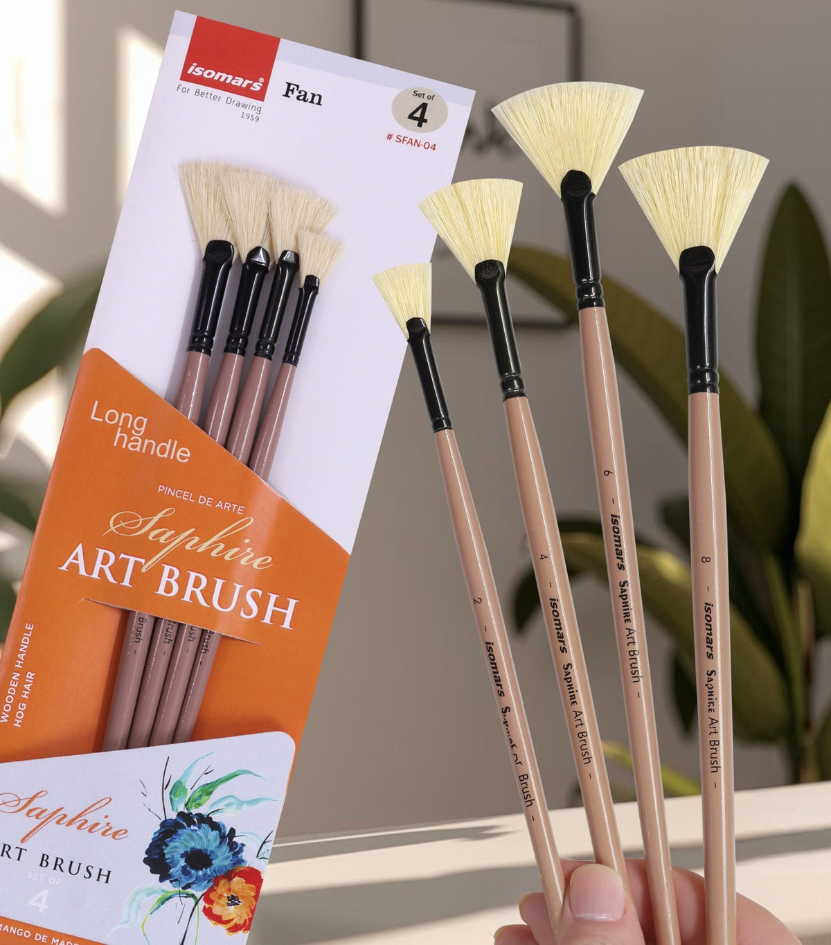 Saphire Fan Paint Brush Set of 4 | Professional Taklon Synthetic Long Handle Artist Brushes for Blending, Texture, Foliage & Cloud Effects | Acrylic, Watercolor, Oil, Gouache & Craft Painting - Isomars