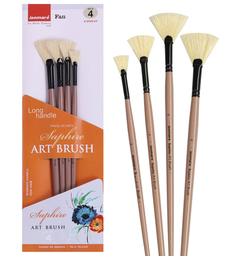 Saphire Fan Paint Brush Set of 4 | Professional Taklon Synthetic Long Handle Artist Brushes for Blending, Texture, Foliage & Cloud Effects | Acrylic, Watercolor, Oil, Gouache & Craft Painting - Isomars