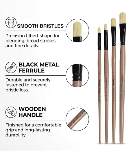 Saphire Filbert Paint Brush Set of 4 | Professional Hog Hair Long Handle Artist Brushes for Acrylic, Oil & Canvas Painting | Smooth Blending, Soft Edges & Controlled Strokes - Isomars