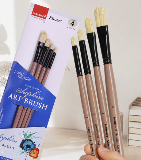 Saphire Filbert Paint Brush Set of 4 | Professional Hog Hair Long Handle Artist Brushes for Acrylic, Oil & Canvas Painting | Smooth Blending, Soft Edges & Controlled Strokes - Isomars