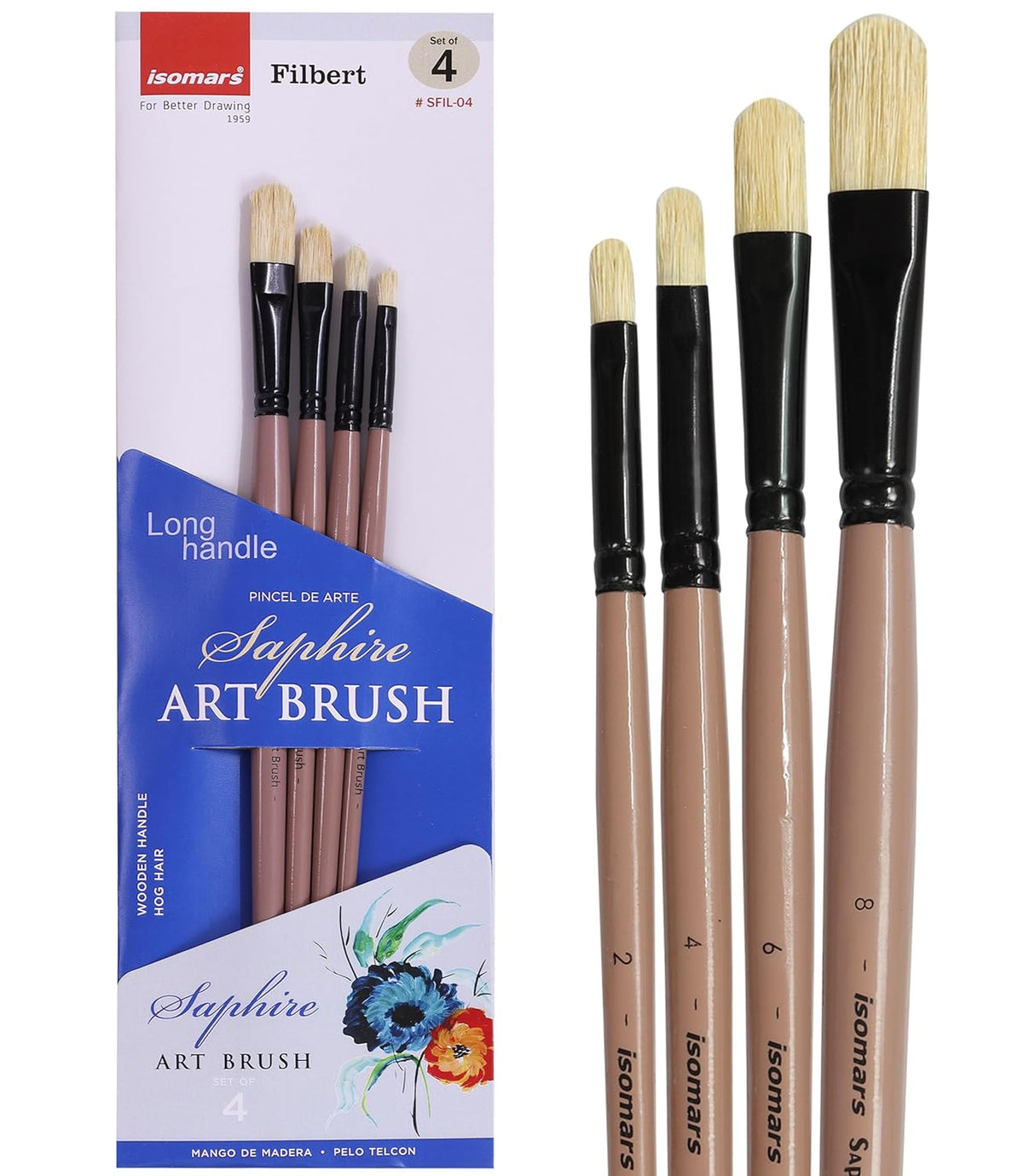 Saphire Filbert Paint Brush Set of 4 | Professional Hog Hair Long Handle Artist Brushes for Acrylic, Oil & Canvas Painting | Smooth Blending, Soft Edges & Controlled Strokes - Isomars