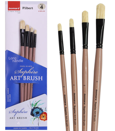 Saphire Filbert Paint Brush Set of 4 | Professional Hog Hair Long Handle Artist Brushes for Acrylic, Oil & Canvas Painting | Smooth Blending, Soft Edges & Controlled Strokes - Isomars