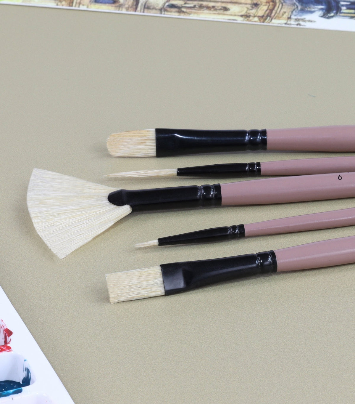 Saphire Master Paint Brush Set of 5 | Professional Hog Hair Long Handle Artist Brushes for Acrylic, Oil, Watercolor & Canvas Painting | Mixed Filbert, Fan, Flat, Round & Liner Brush Set - Isomars
