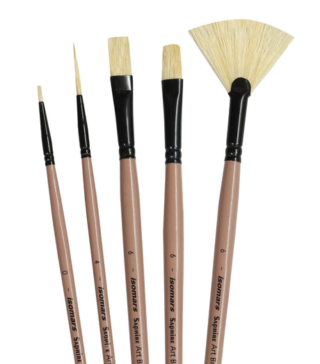 Saphire Master Paint Brush Set of 5 | Professional Hog Hair Long Handle Artist Brushes for Acrylic, Oil, Watercolor & Canvas Painting | Mixed Filbert, Fan, Flat, Round & Liner Brush Set - Isomars