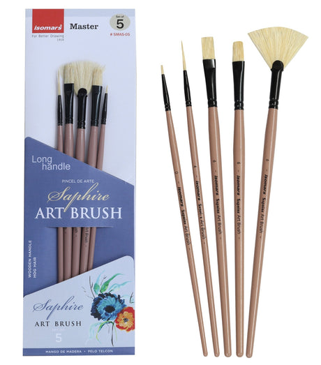 Saphire Master Paint Brush Set of 5 | Professional Hog Hair Long Handle Artist Brushes for Acrylic, Oil, Watercolor & Canvas Painting | Mixed Filbert, Fan, Flat, Round & Liner Brush Set - Isomars