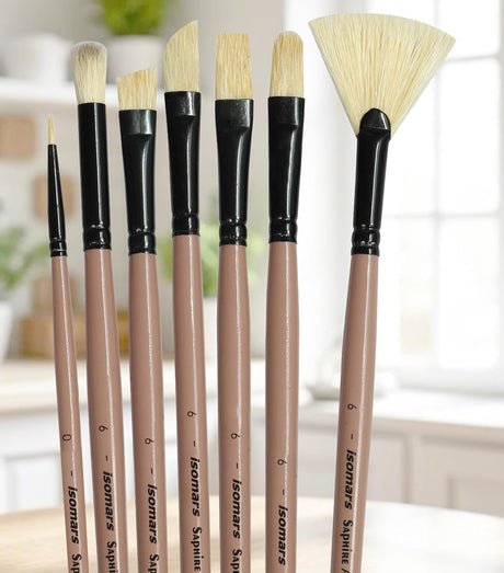 Saphire Painter’s Paint Brush Set of 7 | Professional Mixed Shape Hog Hair Artist Brushes for Acrylic & Oil Painting | Long Handle Canvas Brush Set (Filbert, Fan, Angular, Flat, Round, Deer Foot, Dagger) - Isomars